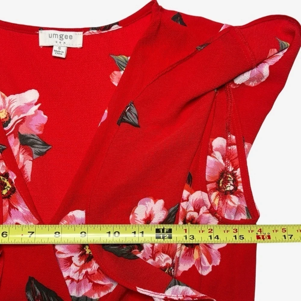 Umgee Floral Surplice Ruffle Romper Size S Red Built-In Shorts